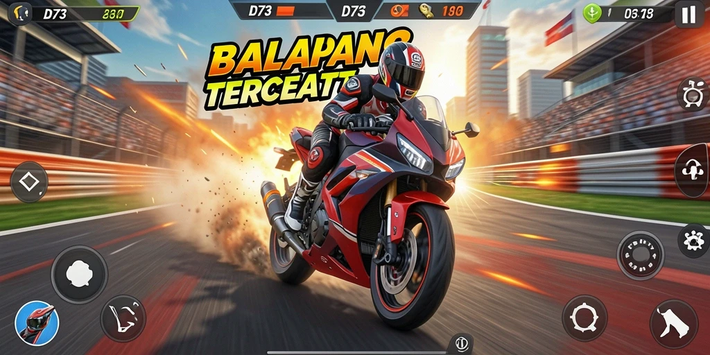 Screenshot D73 menunjukkan balapan motor yang mendebarkan dan intens.