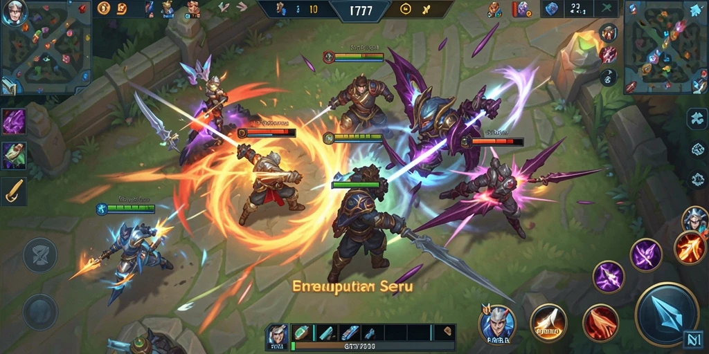 Screenshot GT777 menampilkan aksi pertempuran tim dalam gameplay MOBA.