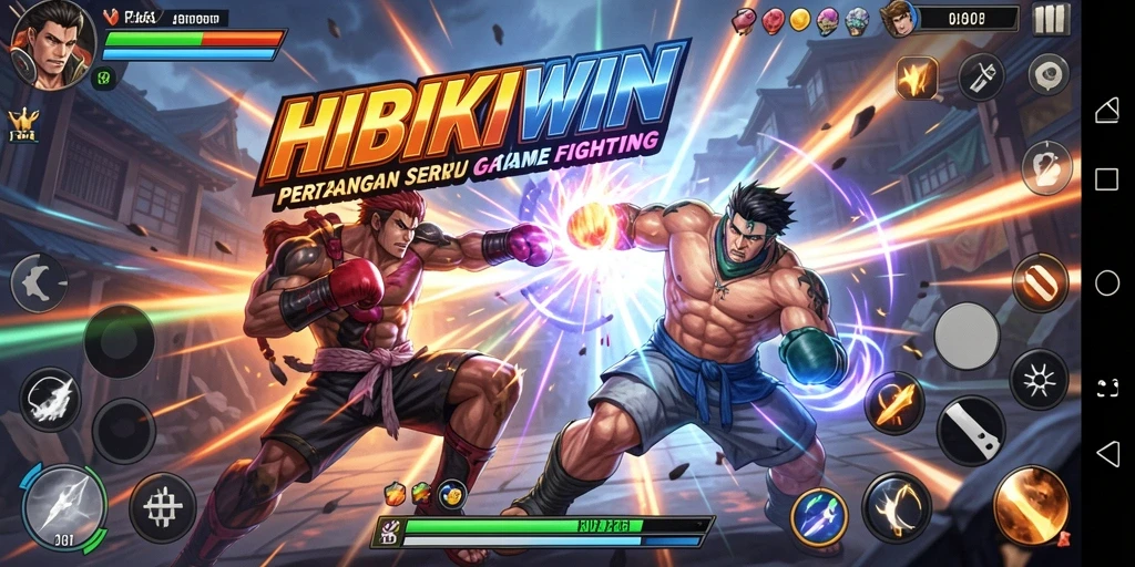 Tangkapan layar pertarungan intens HIBIKIWIN dengan karakter unik dan arena menegangkan.