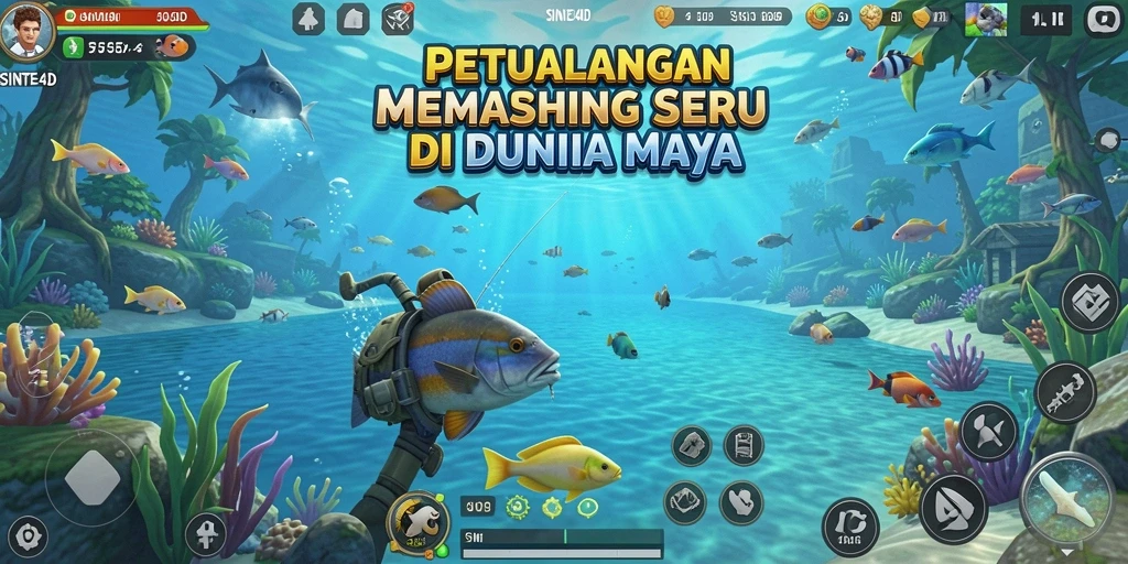 Screenshot SINTE4D menampilkan pemain yang sedang memancing dengan pemandangan indah.